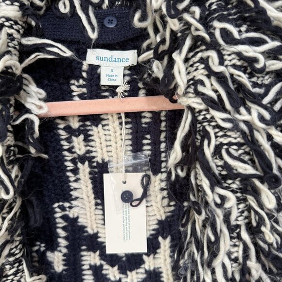 Sundance Cardigan Sweater Womens Small Navy Cream Aztec Shag Collar Knit Long - Picture 4 of 9